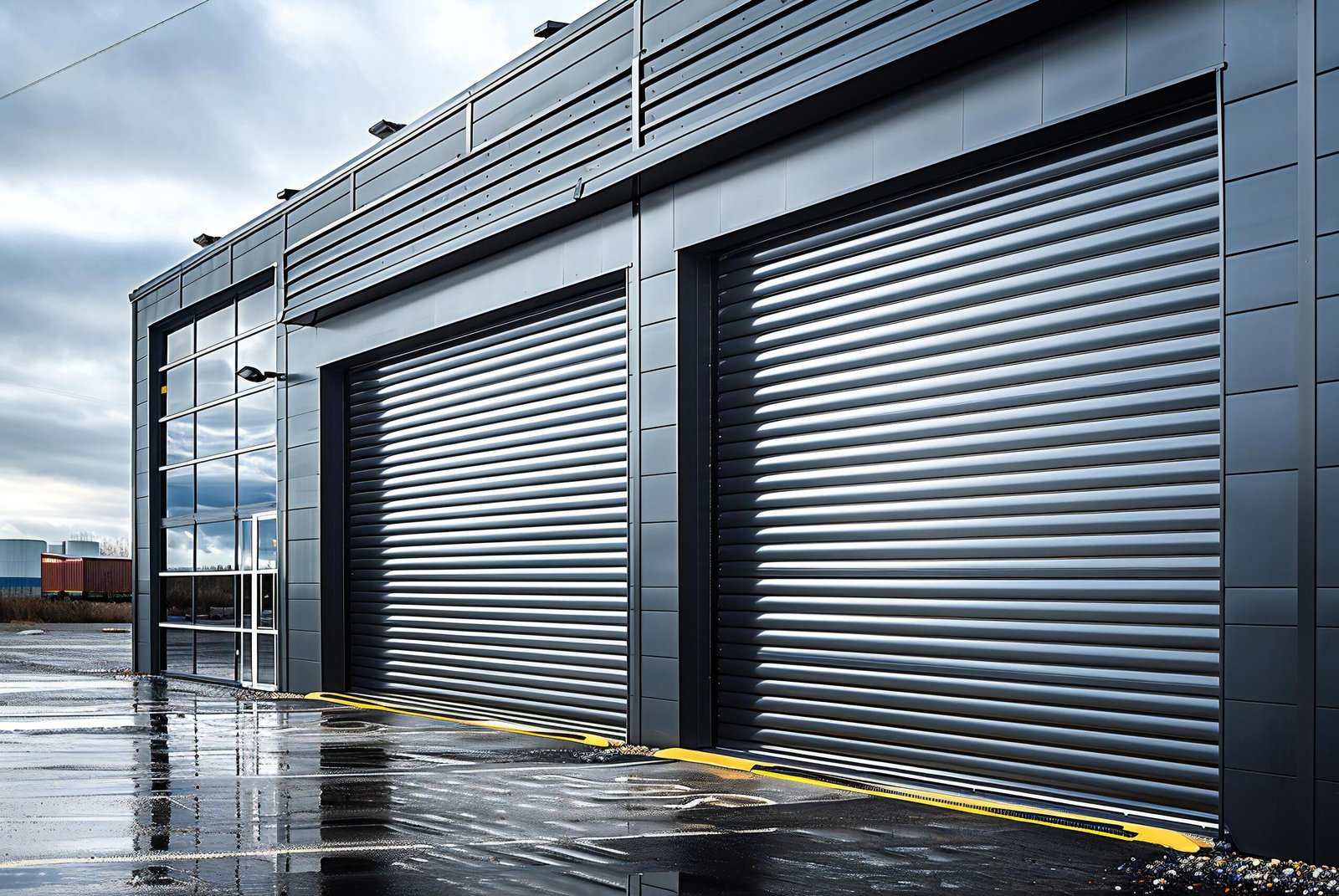 bica shades industrial style rolling shutter garage door with silver metal slats closeup closed