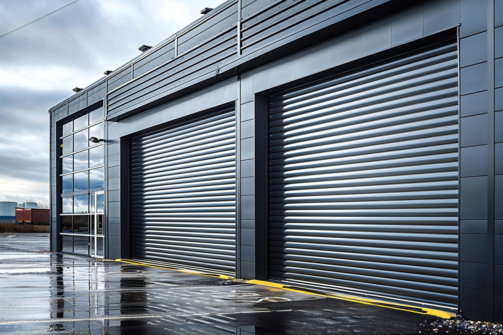 bica shades industrial style rolling shutter garage door with silver metal slats closeup closed